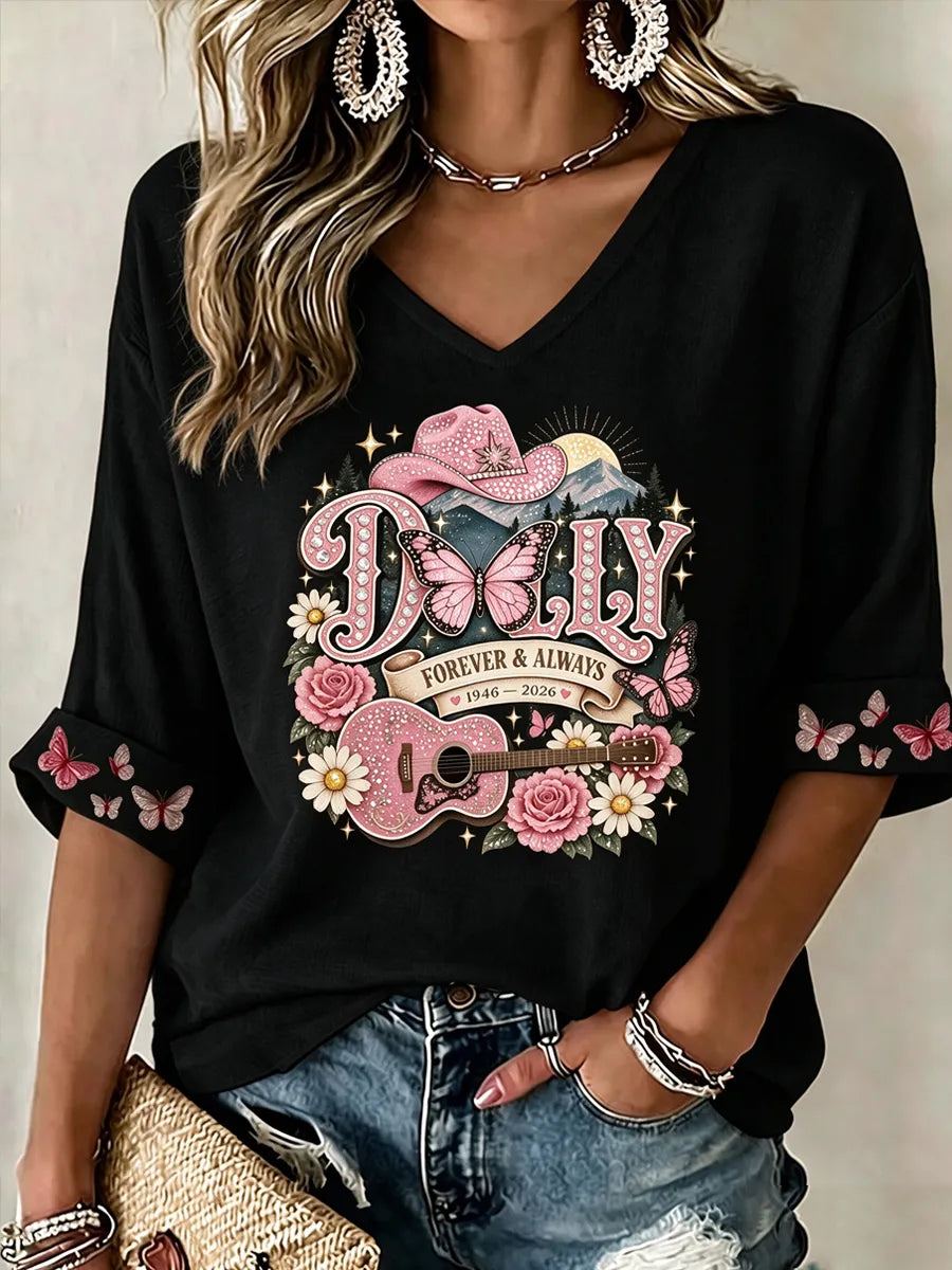 Women's commemorative pattern Waffle V-neck top