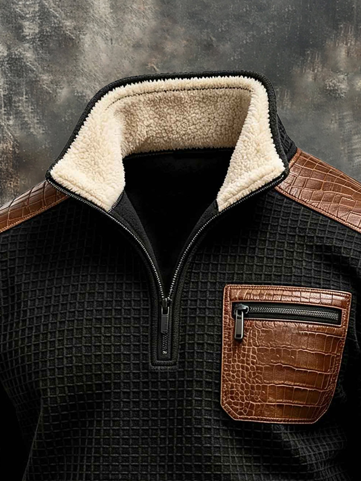 Men's Retro Waffle-Knit Sweatshirt with Crocodile-Effect Panels and Fur Collar