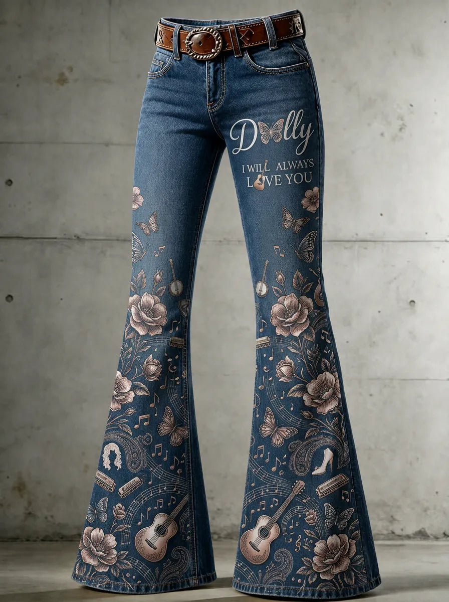 Women's Dolly Parton Butterfly Floral Guitar Printed Flare Jeans