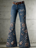 Women's Dolly Parton Butterfly Floral Guitar Printed Flare Jeans