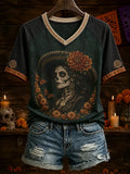 Women's Day Of The Dead Skeleton with Sombrero Floral Print V Neck Raglan T-Shirt