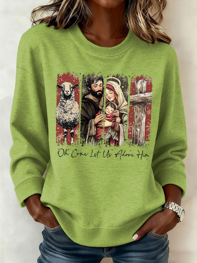 Retro Christmas O Come, Let Us Adore Him Print Sweatshirt