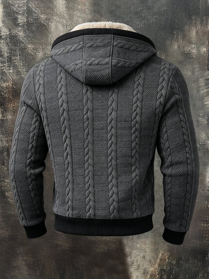 Men'S Retro Fleece-Lined Thermal Color-Block Hooded Jacket With Textured Cable-Knit Detail