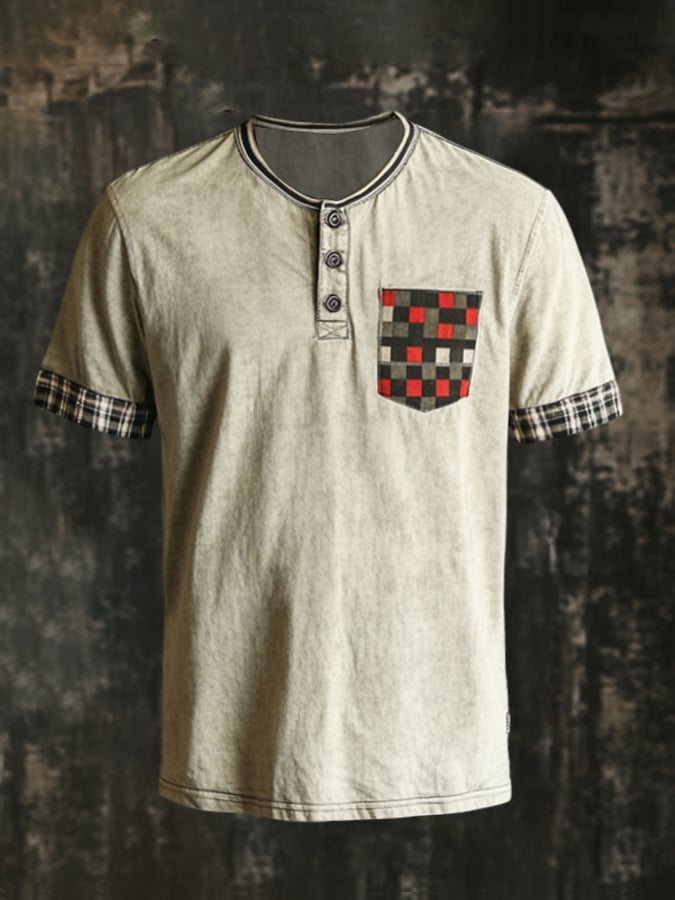 Men's casual Henley short sleeve t-shirt with contrast check pattern