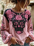 Women's Day Of The Dead Sugar Skull Rose Print Lantern Sleeve Top