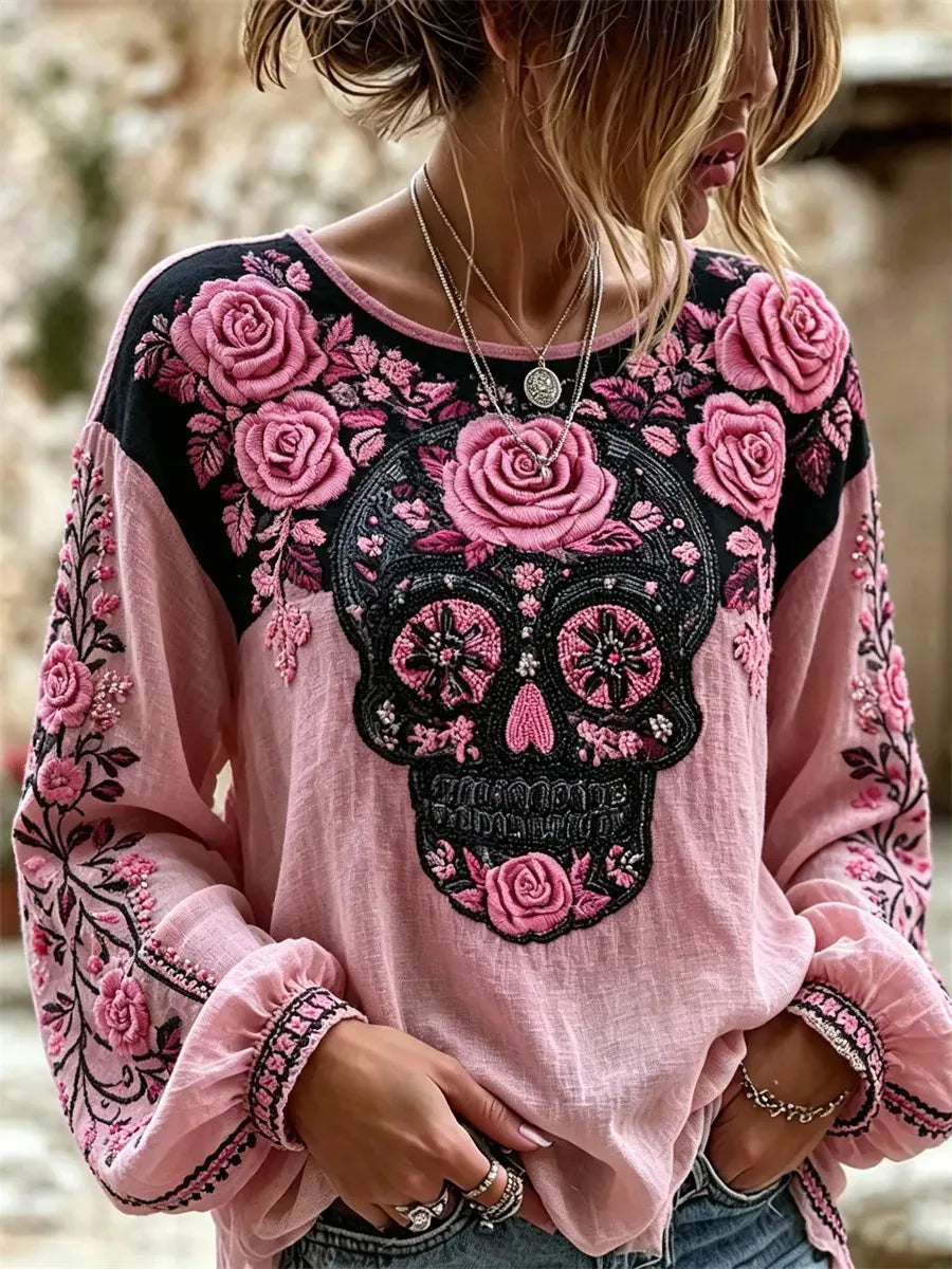 Women's Day Of The Dead Sugar Skull Rose Print Lantern Sleeve Top