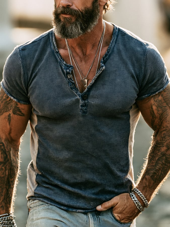 Men's Fashion Color-Block Waffle-Knit Henley Short-Sleeve T-Shirt
