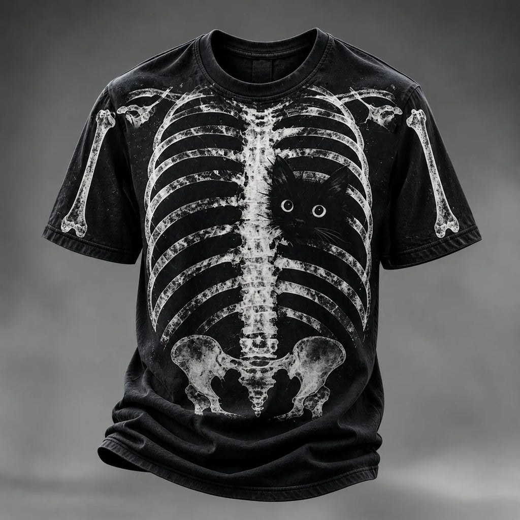 Men's Halloween Peeking Black Cat X-ray Rib Cage Print Short-sleeved T-shirt