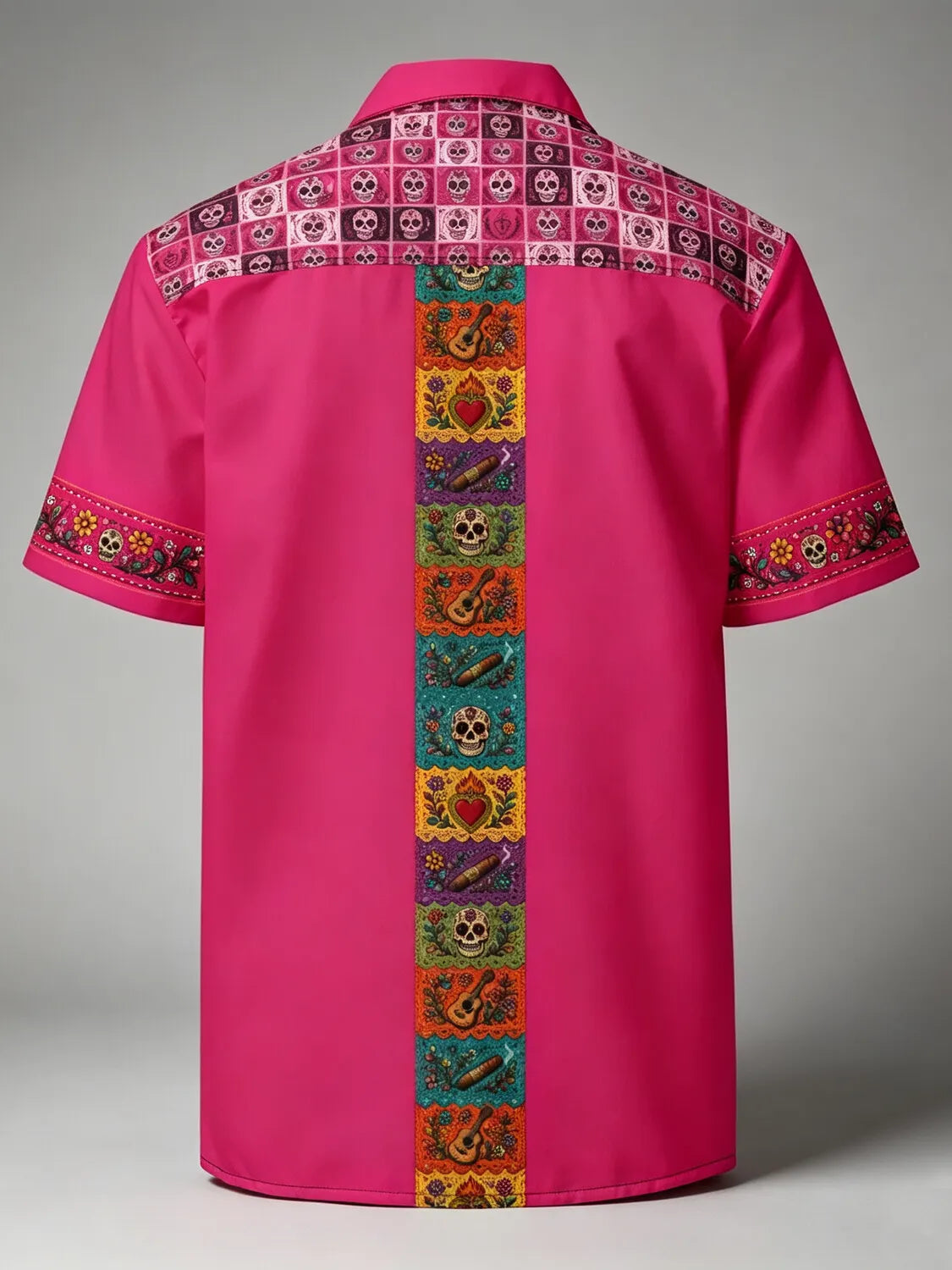 Men's Day Of The Dead Bright Multicolored Vertical Band Print Cuban Collar Short Sleeve Shirt
