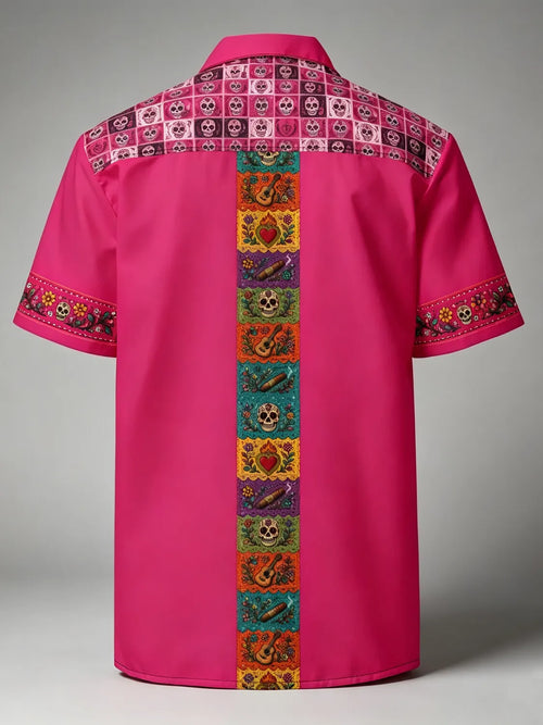 Men's Day Of The Dead Bright Multicolored Vertical Band Print Cuban Collar Short Sleeve Shirt