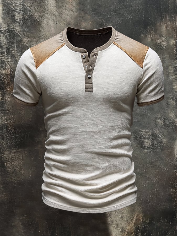 Men'S Retro Colorblock Casual Henley Short Sleeve T-Shirt