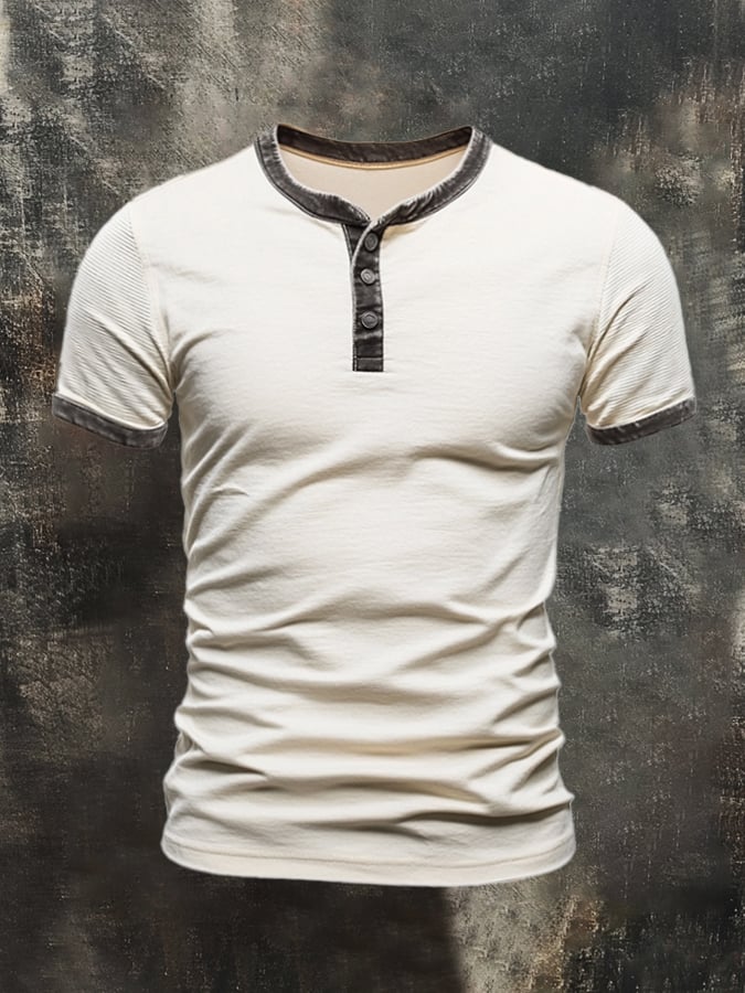 Men's casual retro color block Henley T-shirt