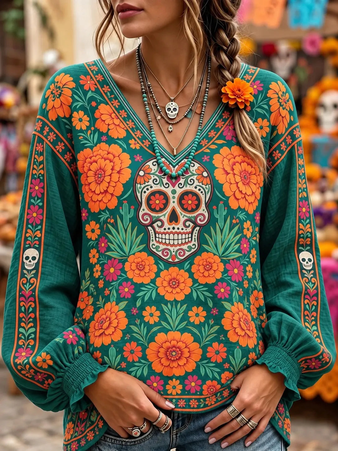 Vintage Mexico's Day Of The Dead Sugar Skull Floral Art Print Long Sleeve T-shirt