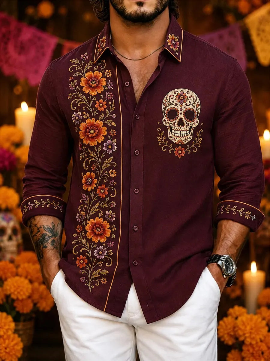 Men's Day Of The Dead Ornate Floral Skull Print Shirt