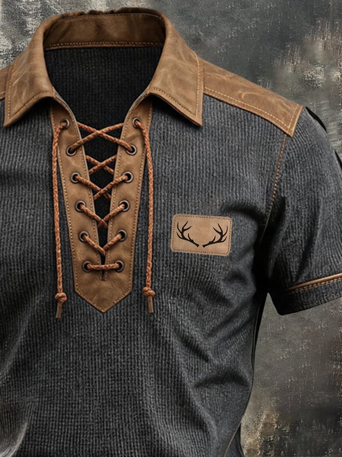 Men's Retro Ribbed-Knit Stretch T-Shirt with Leather-Trimmed Lace-Up Neckline