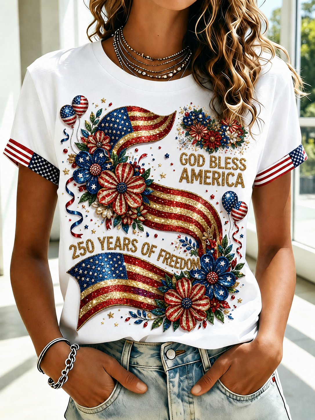 Women'S American Flag Printed Round Neck T-Shirt