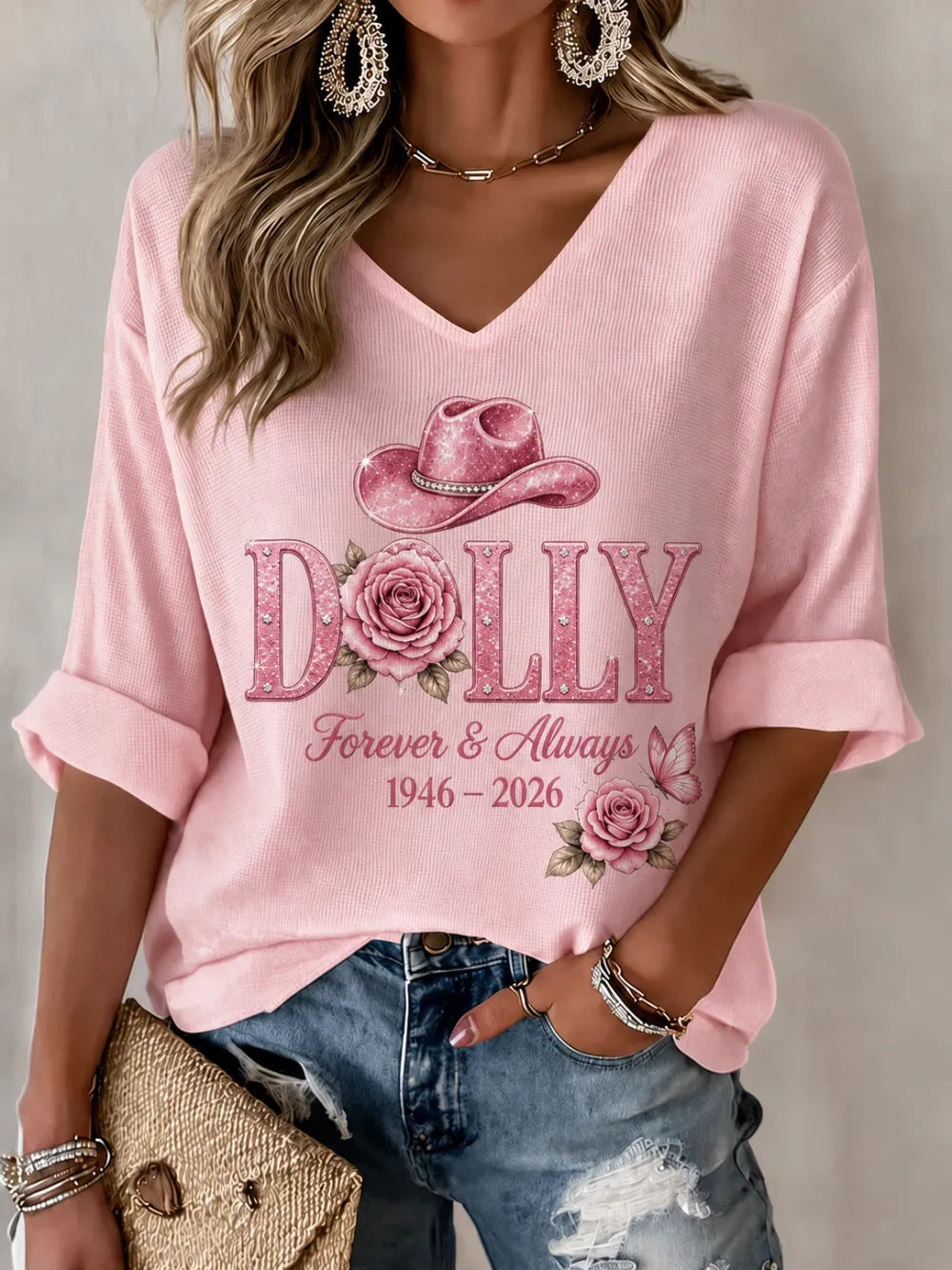 Women's commemorative pattern Waffle V-neck top