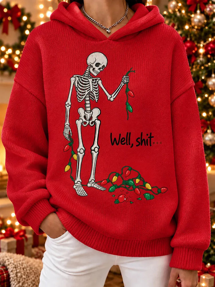 Women's Funny Christmas Skeleton String Lights Graphic Relaxed Fit Red Hooded Knit Sweater