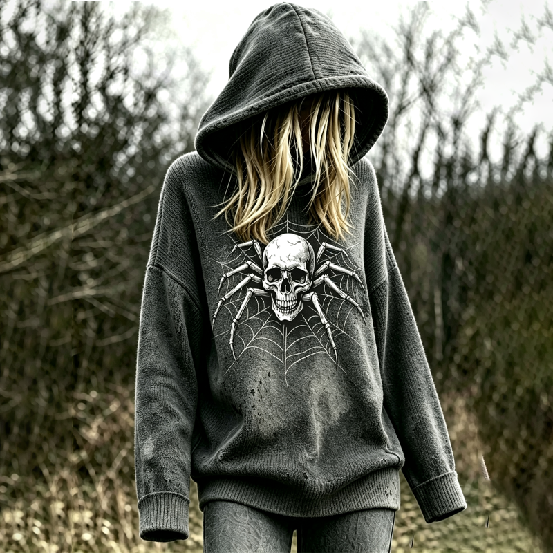 Women's Halloween Gothic Style Spider Skull Distressed Dye Sweater