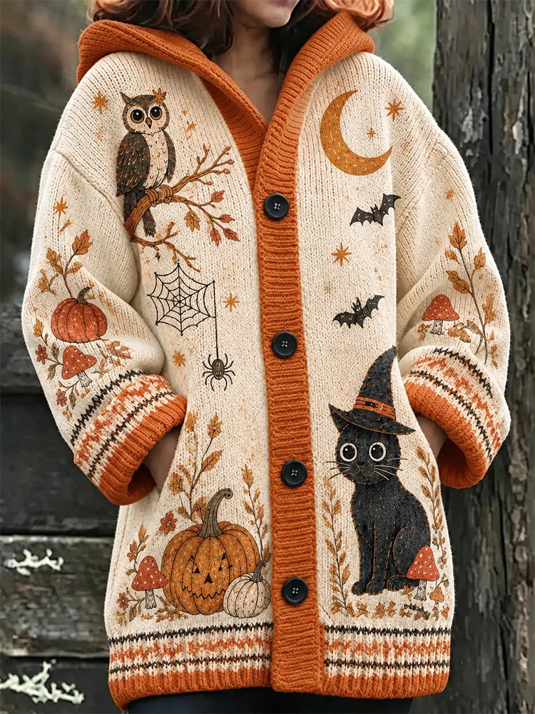 Women's Halloween Black Cat And Pumpkin Art  Knit Hooded Cardigan