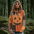 Women's Vintage Halloween Pumpkin Face Print Cozy Art Knit Hooded Sweater