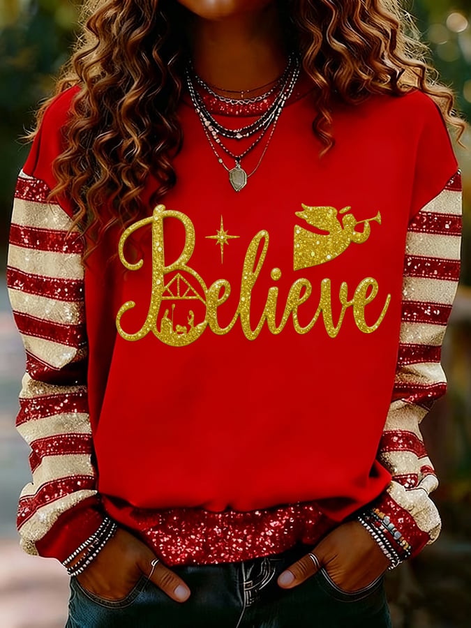 Women's Nativity Faith Art Print Casual Crew Neck Sweatshirt