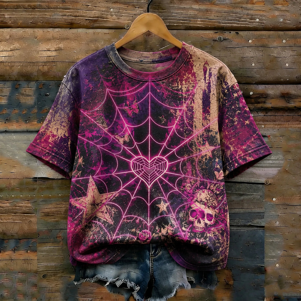 Vintage Distressed Gothic Tie-dye Halloween Skull And Heart Spider Web T-shirt