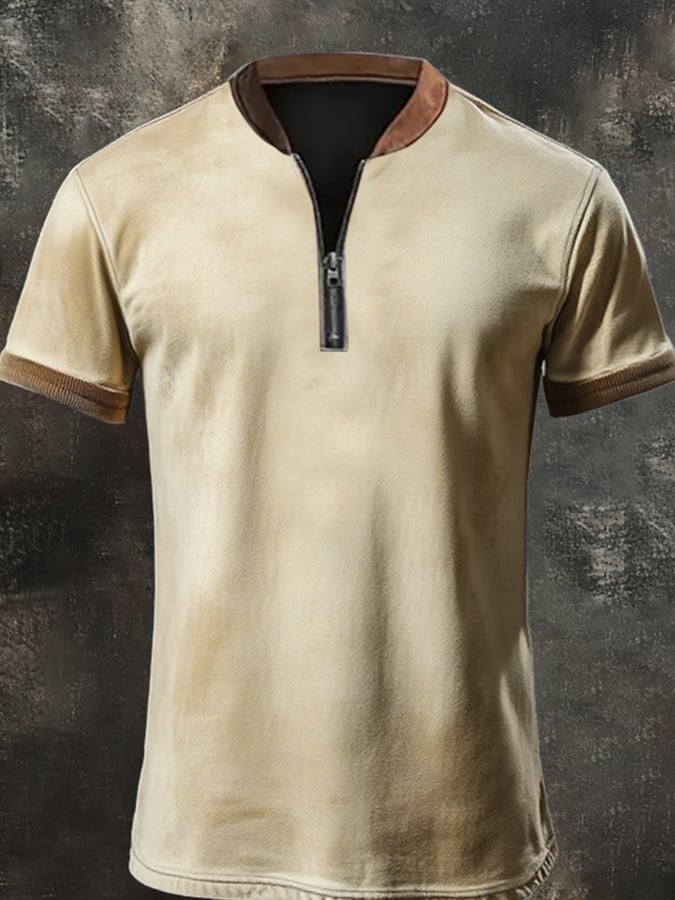 Men's casual retro print polo shirt with zip and stand-up collar