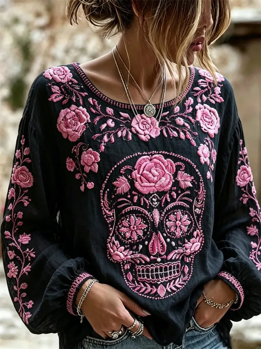 Women's Day Of The Dead Skull Pink Rose Print Lantern Sleeve Top