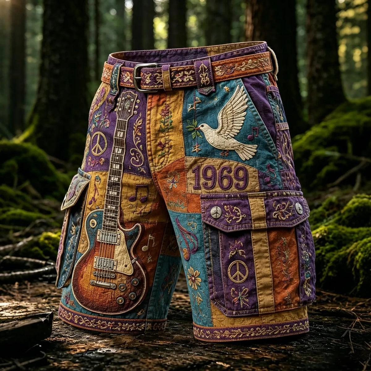 Men's Rural Forest Hippie Peace Floral Print Cargo Shorts