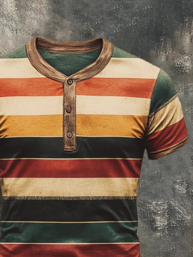 Men's Vintage Striped Casual Henley Short Sleeve T-Shirt