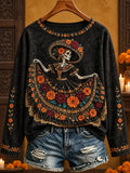 Women's Day Of The Dead Vintage Floral Skeleton Lady Graphic Print Long Sleeve T-Shirt