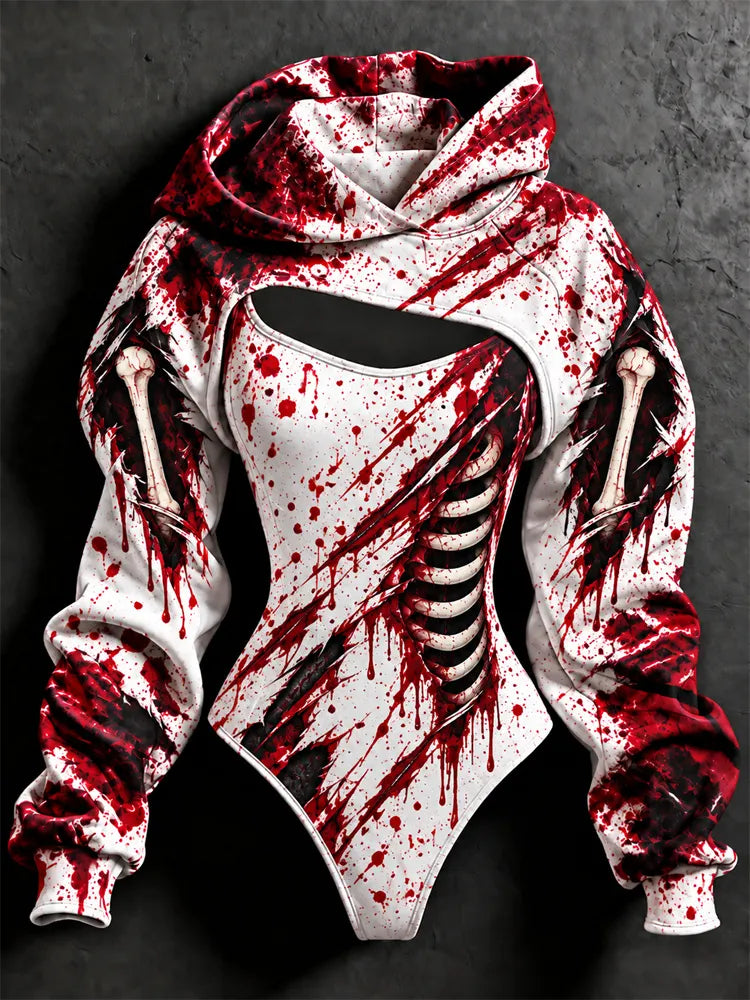 Women's Halloween Bloodstain One-sided Skeleton Print Hoodie Two-piece Set