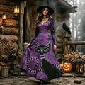 Women's Halloween Black Cat And Dry Branch Print V-neck Long Sleeve Dress