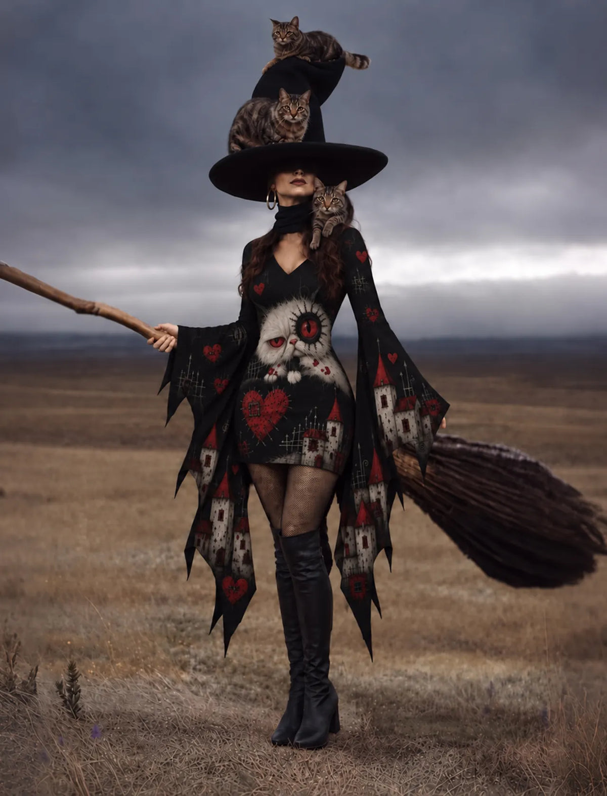 Women's Gothic Halloween Print Batwing Flare Sleeve V Neck  Bodycon Dress – Halloween Costume