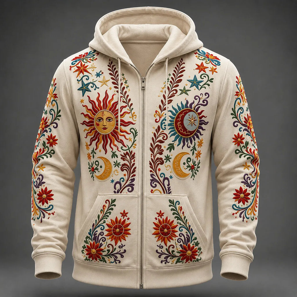 Men's Boho Vintage Style Sun God and Floral Vine Print Zip-Up Hoodie