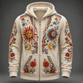 Men's Boho Vintage Style Sun God and Floral Vine Print Zip-Up Hoodie