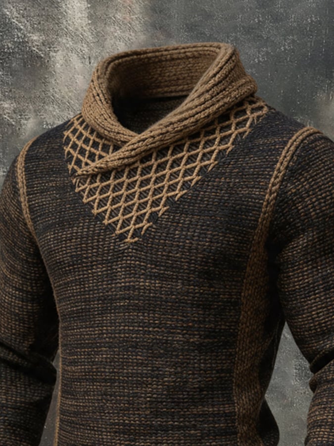 Men's Vintage Chunky Wool Shawl-Collar Long-Sleeve Knit Sweater