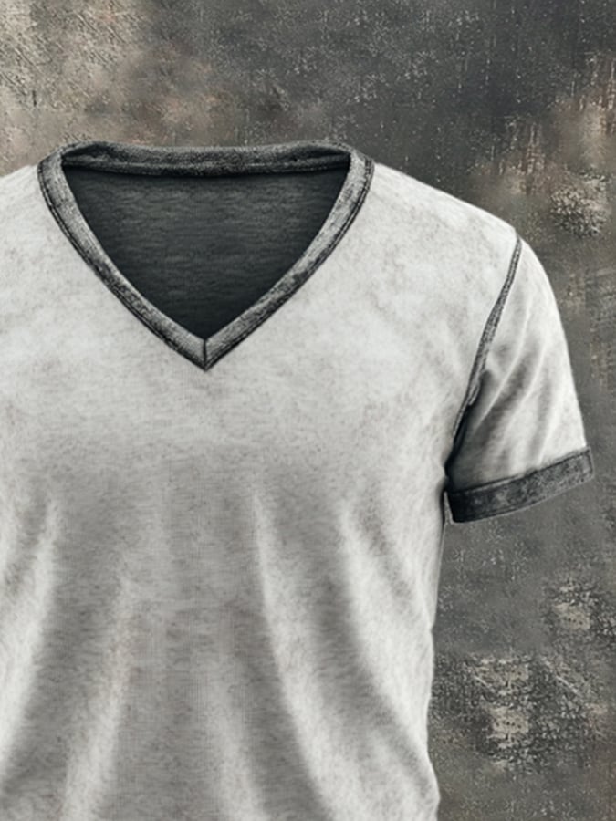 Men's retro-style washed V-neck short-sleeved T-shirt in contrasting color