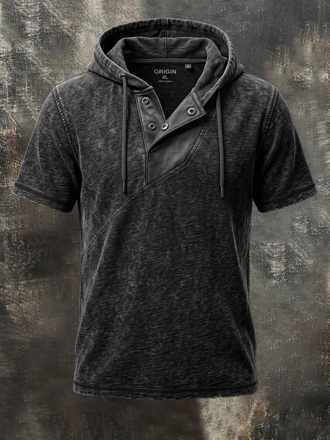 Men's Vintage Cotton-Leather Panel Hooded T-Shirt