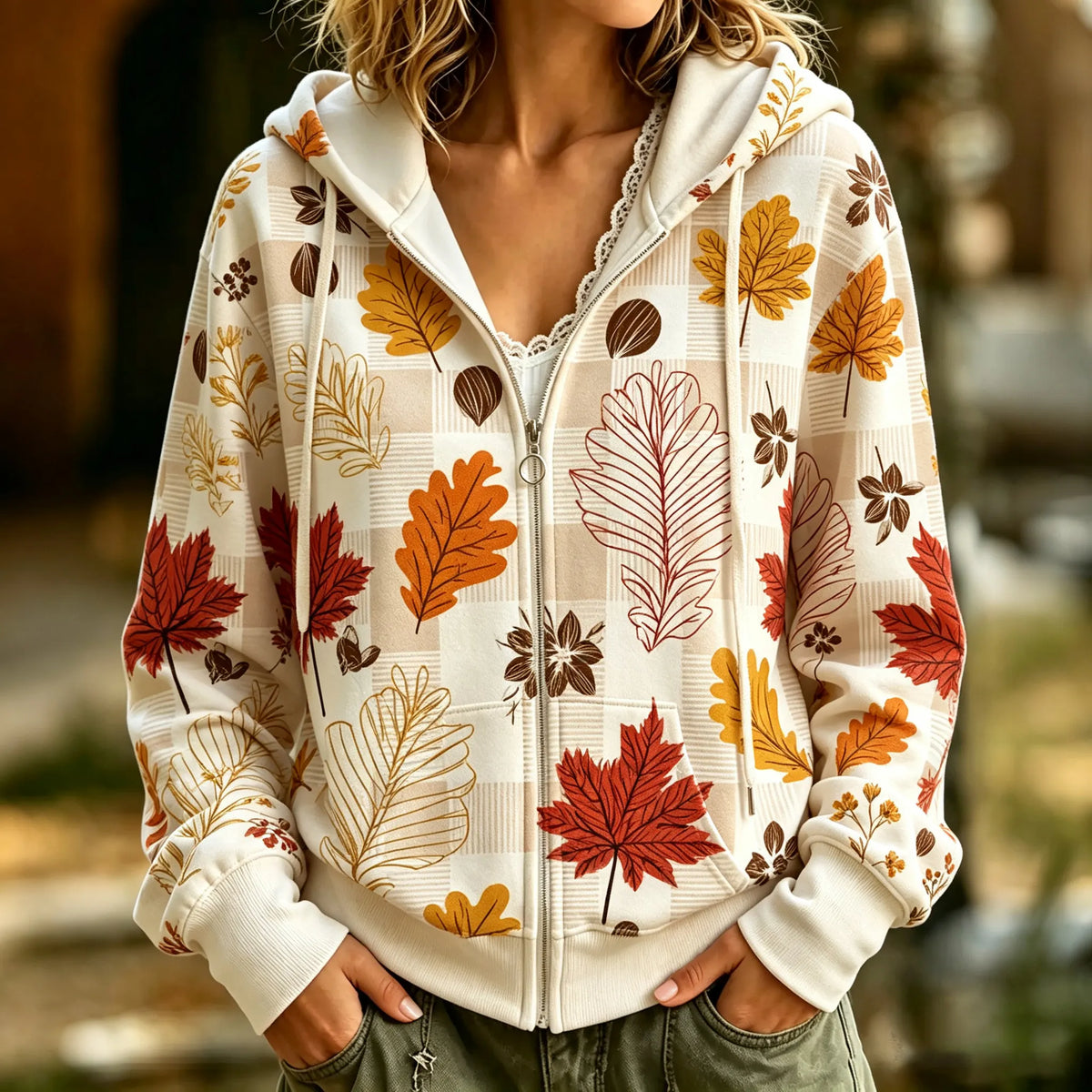 Women's Retro Floral Plaid Print Zip-up Hooded Sweatshirt