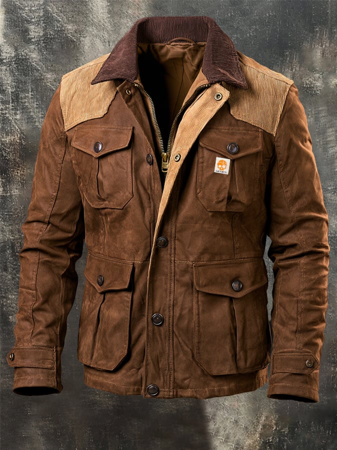 Men’s Vintage Suede-Look & Leather-Panelled Insulated Multi-Pocket Western-Style Outdoor Jacket