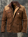 Men’s Vintage Suede-Look & Leather-Panelled Insulated Multi-Pocket Western-Style Outdoor Jacket