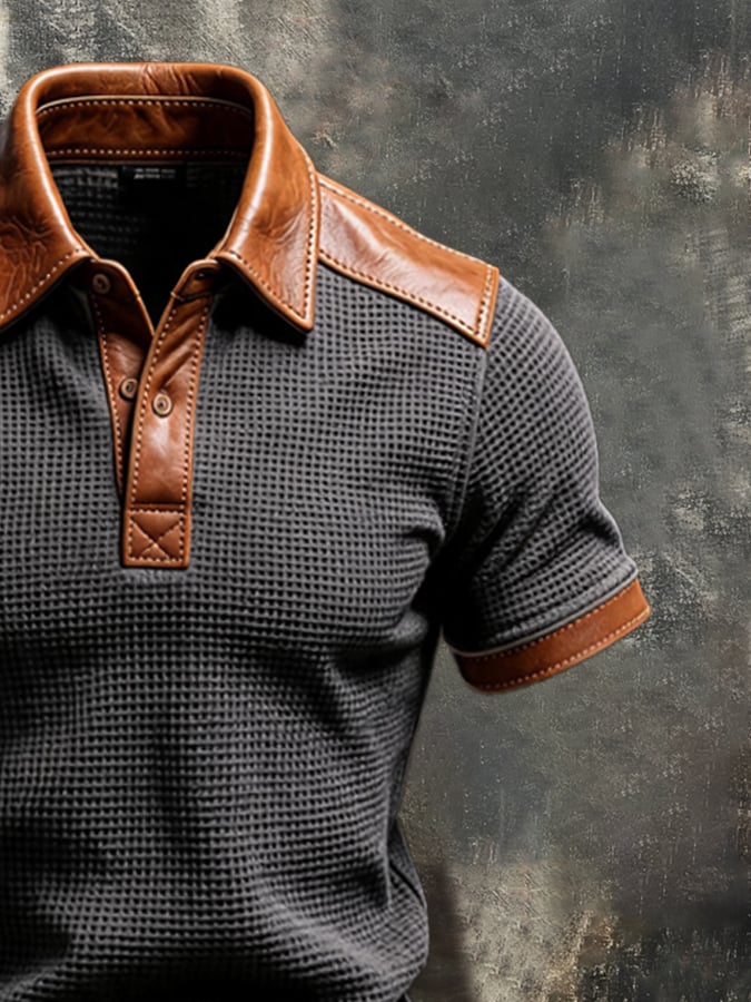 Men's Vintage-Style Leather and Waffle-Knit Panel Polo Shirt