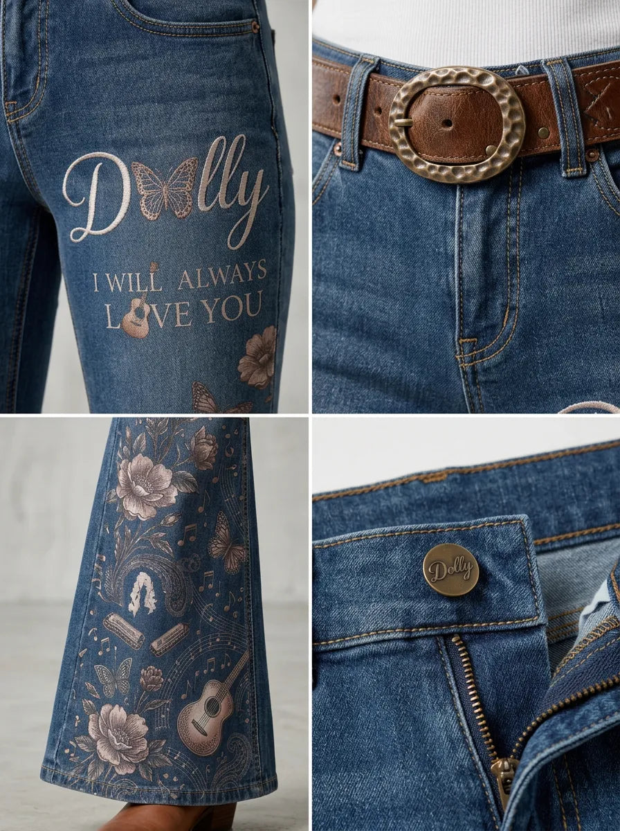 Women's Dolly Parton Butterfly Floral Guitar Printed Flare Jeans