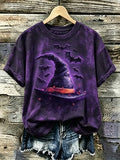 Women's Retro Halloween Witch Hat And Bat Print T-shirt