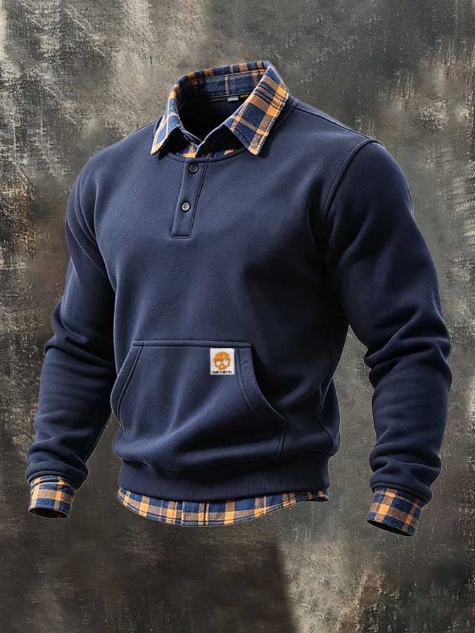 Men’s Vintage-Style Plaid-Patchwork Faux-Layered Sweatshirt