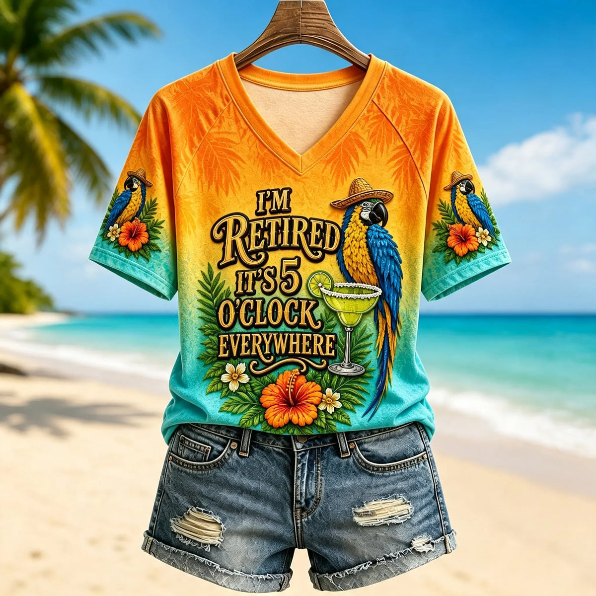 Women's I'm Retired It's 5 O'clock Everywhere Parrot  V-neck Short Sleeve T-shirt