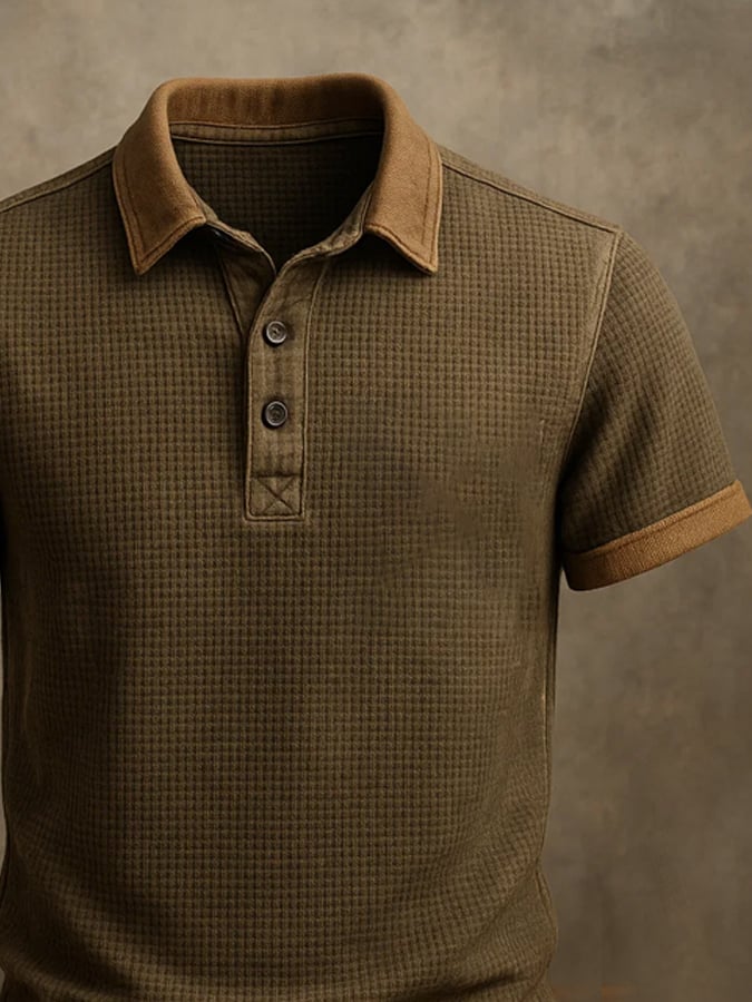 Men's casual short-sleeved waffle-print colorblock polo shirt