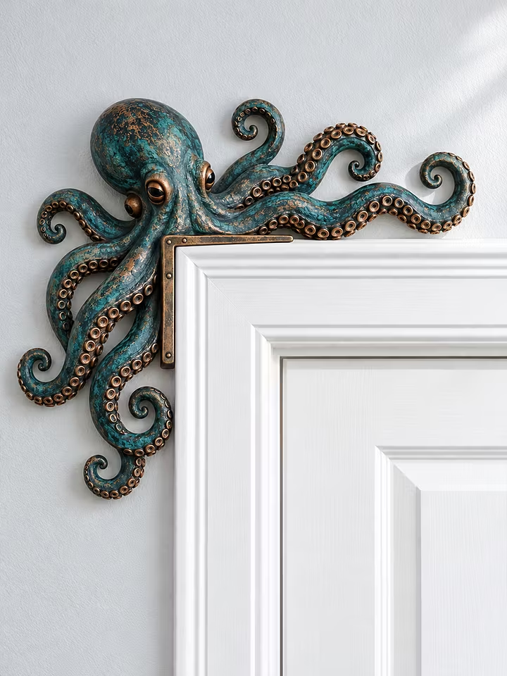 🐙 Vintage Bronze Blue Octopus Door Corner Sign